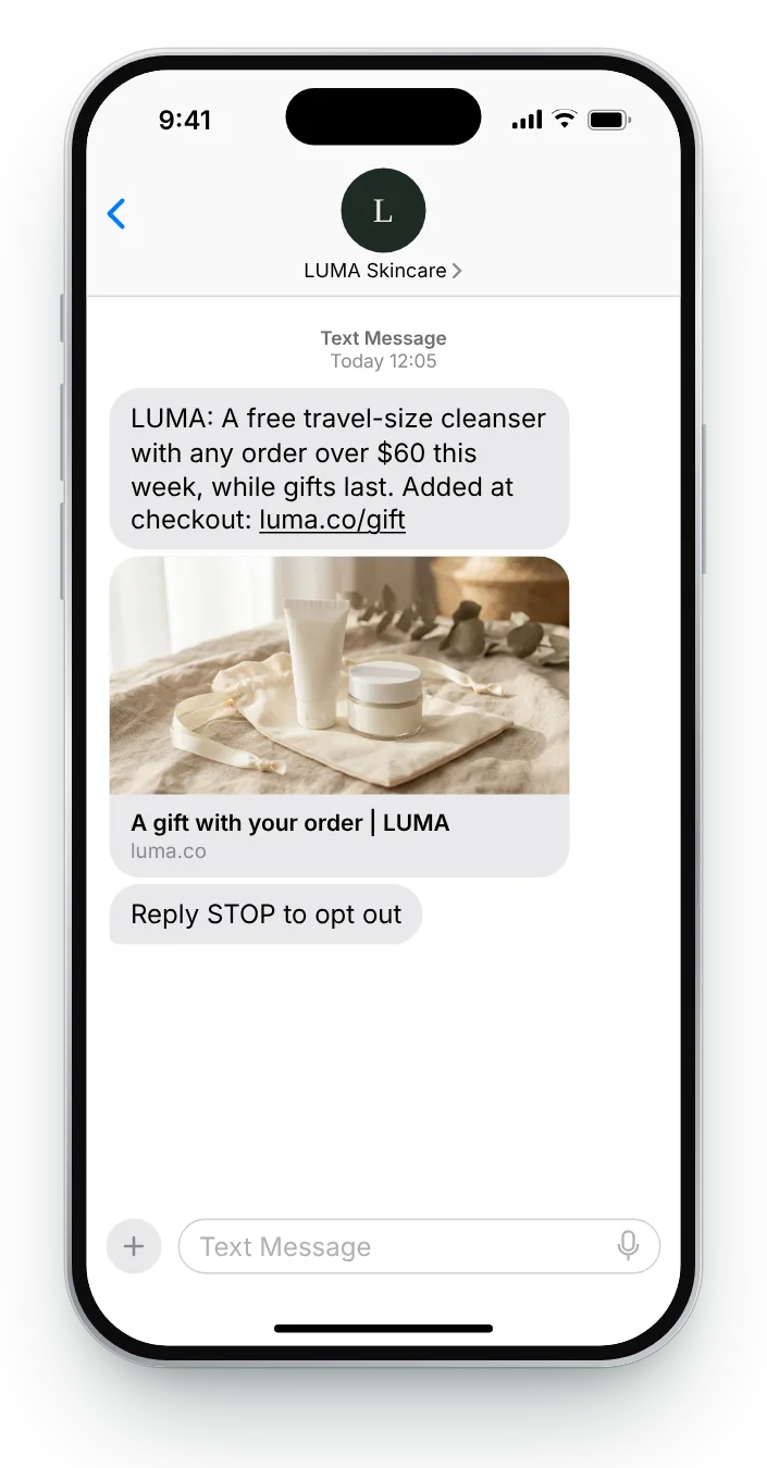 Gift with purchase promotional SMS on an iPhone