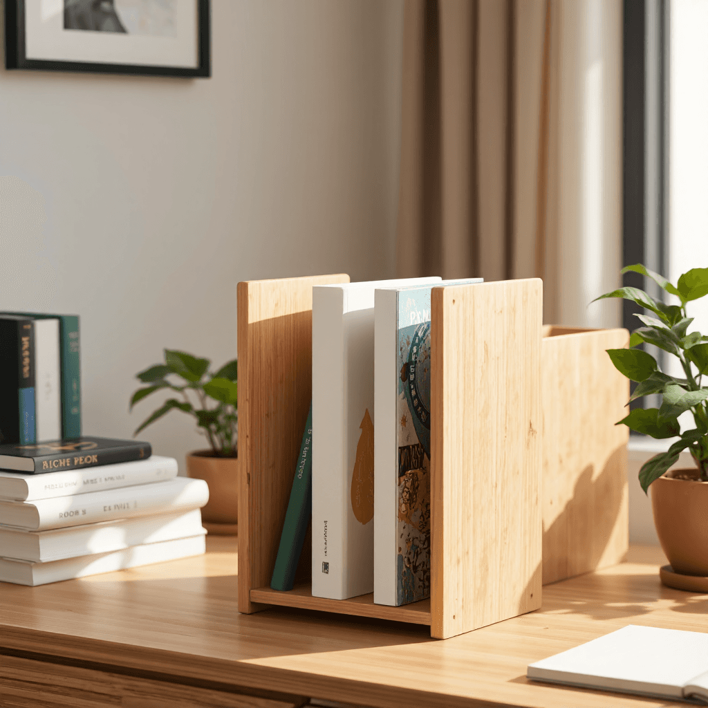 product photography of a wooden organizer for books or files