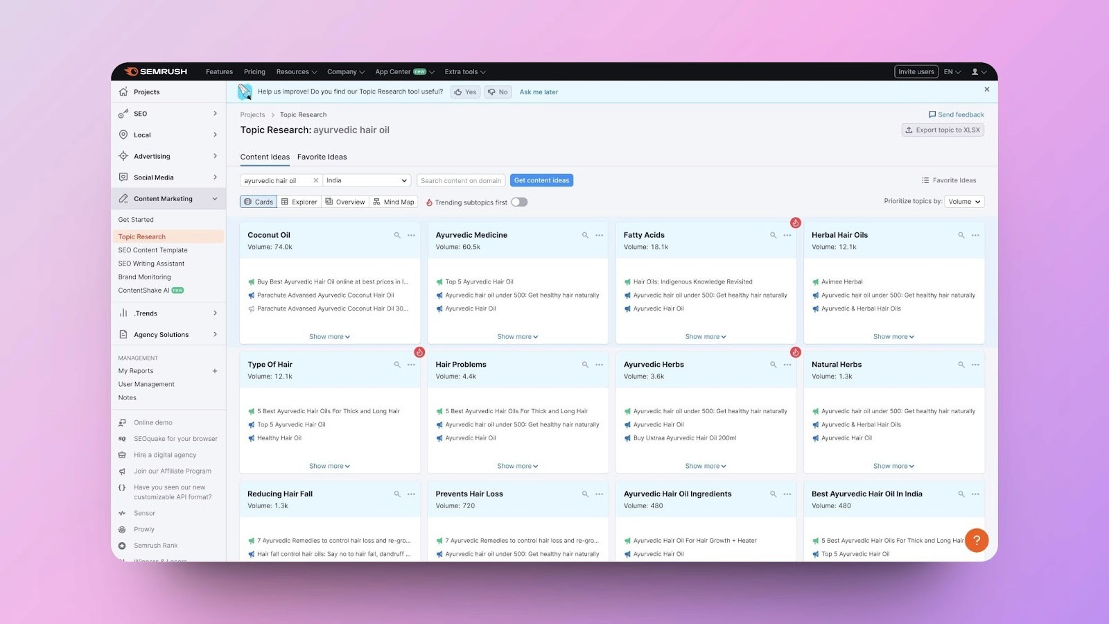 A snapshot of SEMrush topic research tool, highlighting content ideas for Ayurvedic hair oil, aiding in blog topic generation.