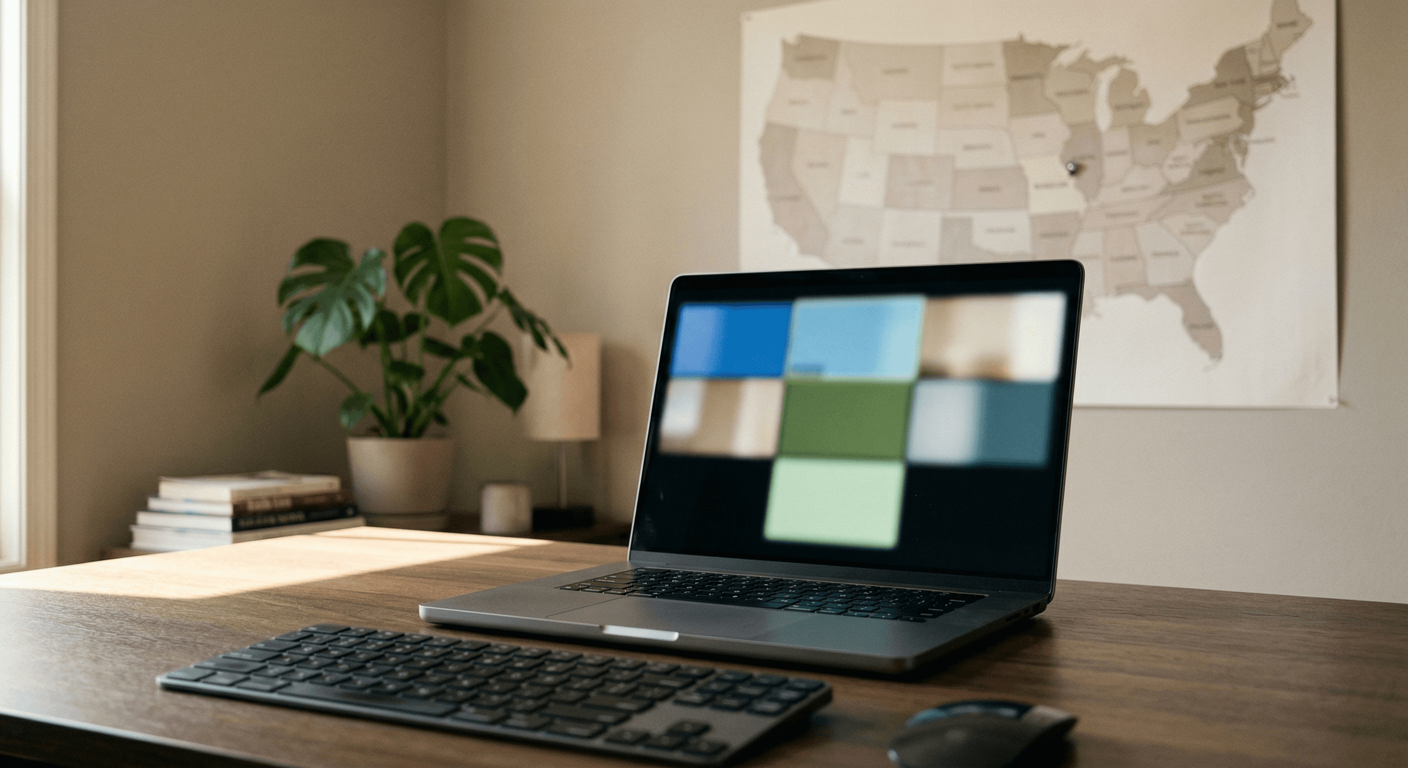 Laptop showing a telehealth video call for a PSYPACT accommodation evaluation with a map of the United States in the background