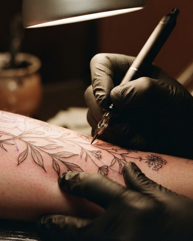 An artist in black gloves tattooing a fine-line leaf branch under a lamp