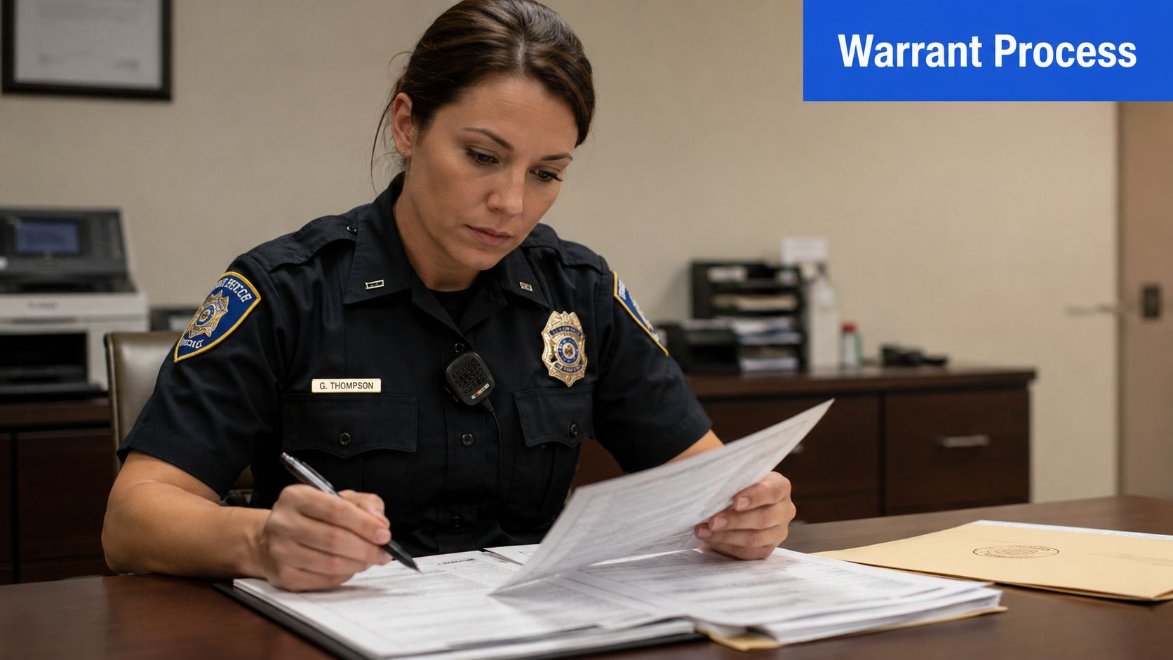 A female police officer in uniform sitting at a desk and reviewing a warrant document.