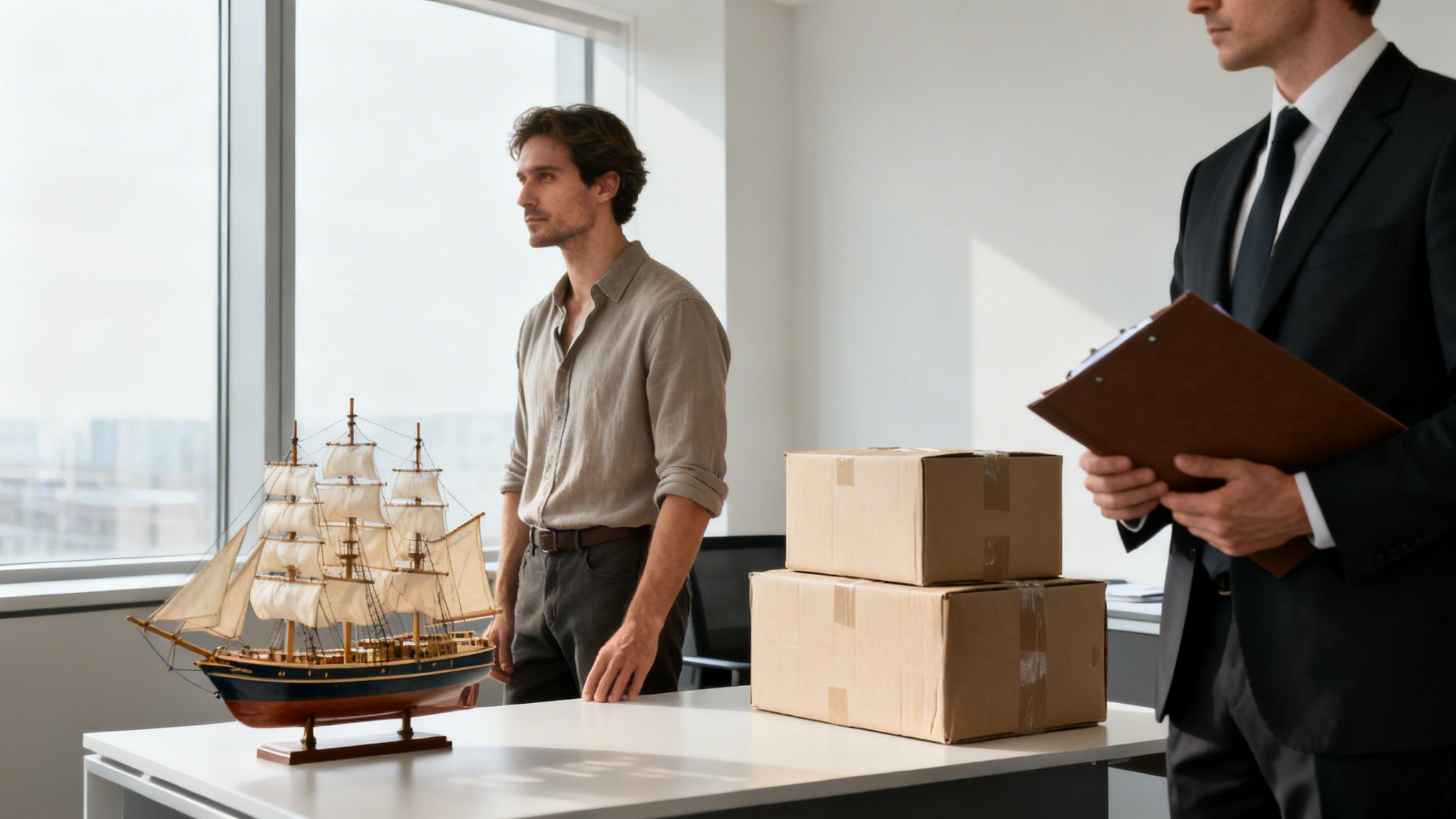 Two men in an office with a model ship and moving boxes, suggesting a business transition.