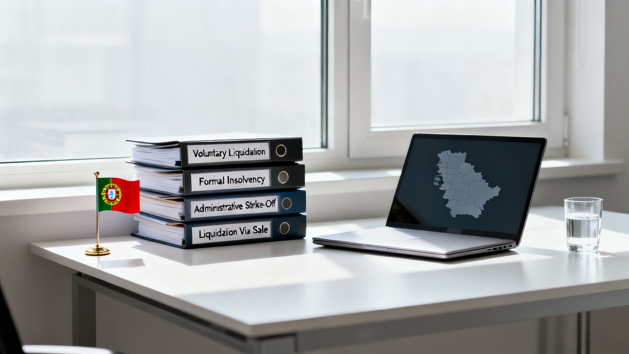 A desk with a Portuguese flag, folders on company liquidation, a laptop with a map, and a glass of water.