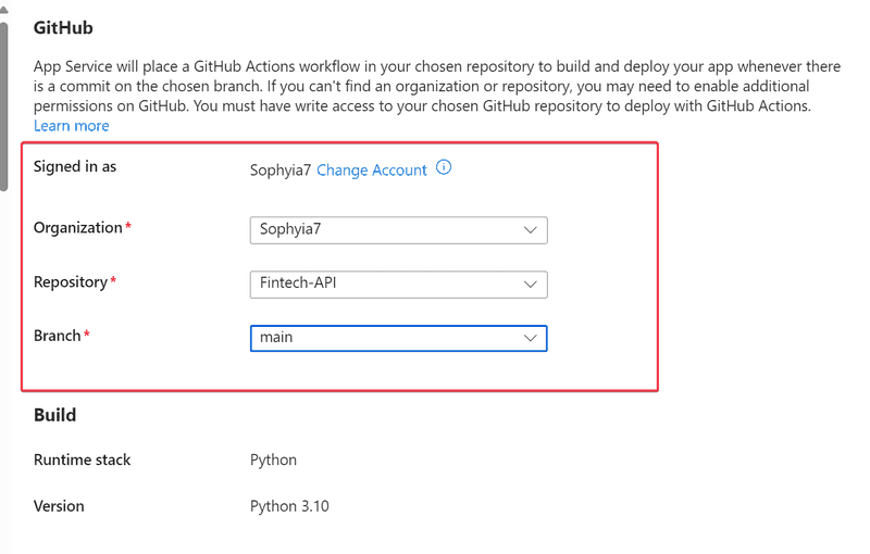 Selecting a GitHub repository.