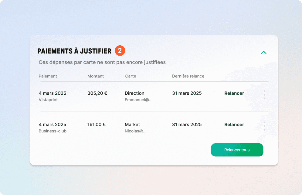 Tableau de bord Libeo paiements à justifier