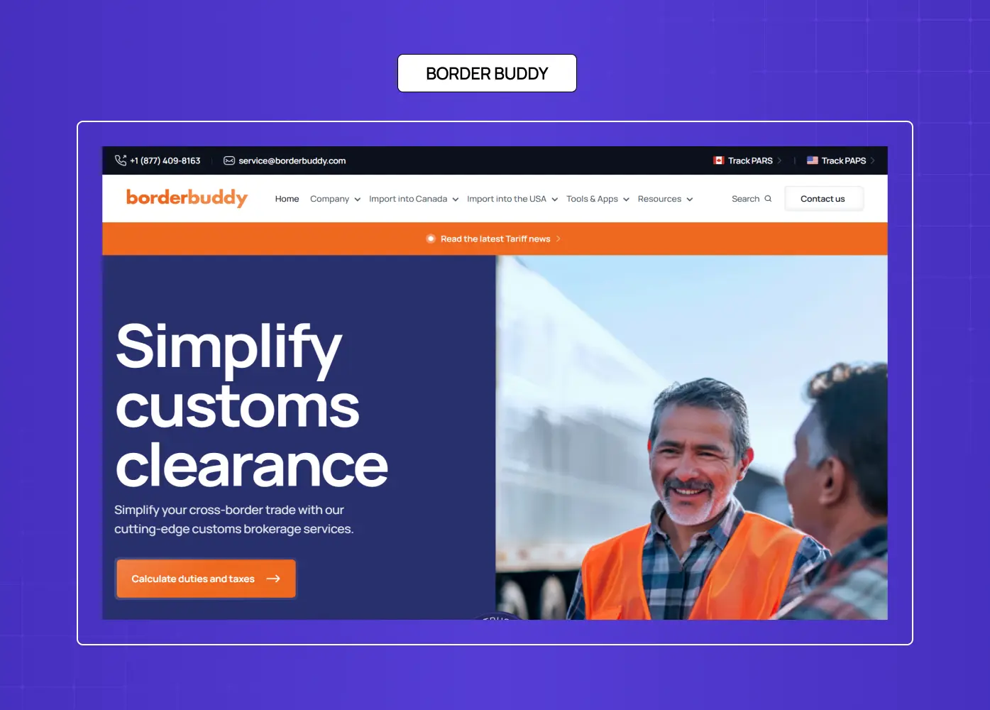 BorderBuddy customs clearance website with bold typography and logistics-focused hero section.