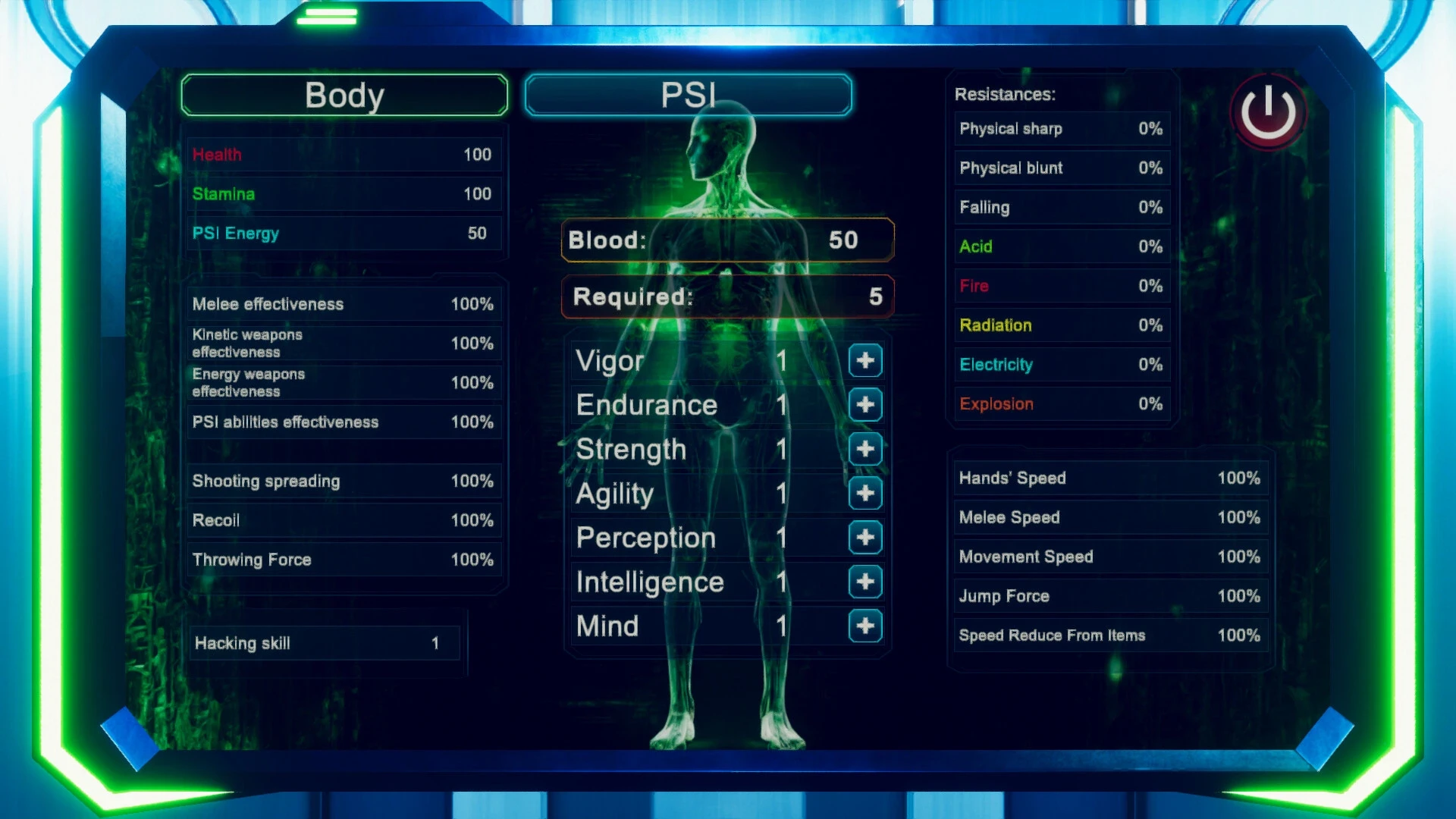 A futuristic digital screen displays a detailed interface for monitoring a human's body stats, including health, stamina, PSI energy, and a schematic figure with labelled characteristics like vigour, endurance, and agility.