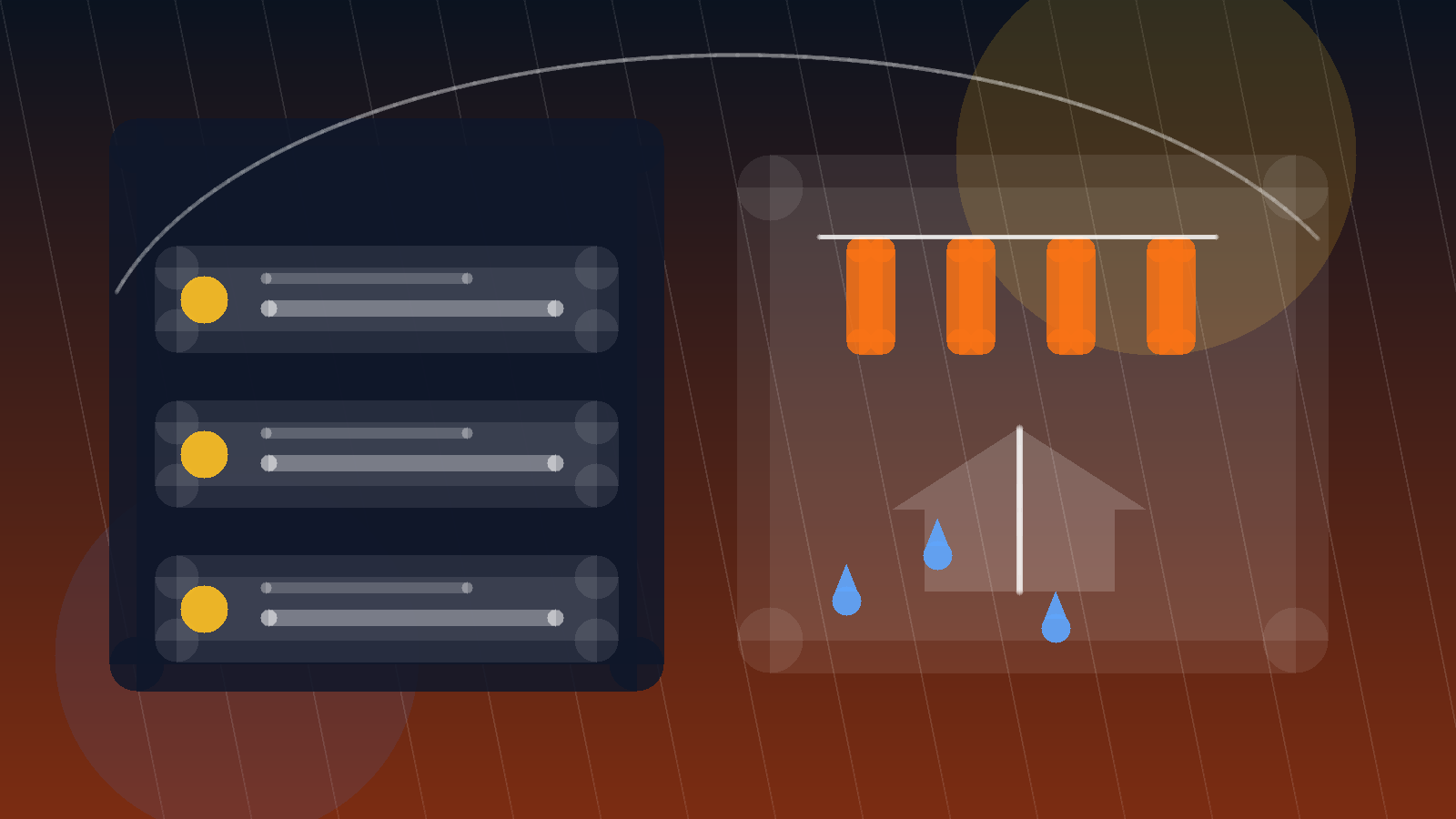 Cinematic roofing marketing scene with storm-response cards, neighborhood map pins, quote workflow panels, and abstract roofline shapes