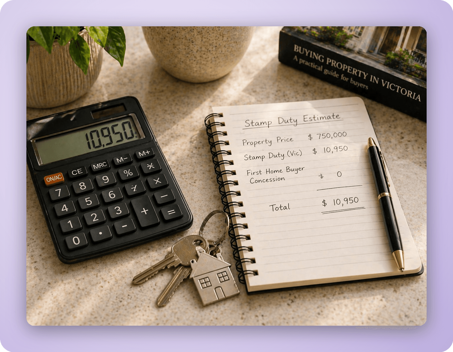 Calculator and house keys on counter representing stamp duty budgeting for Victorian buyers