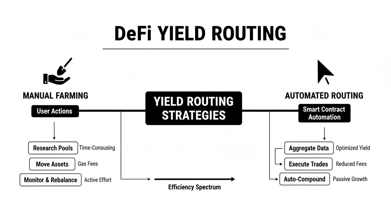 A diagram illustrating DeFi yield routing strategies, comparing manual farming with automated methods for efficiency.