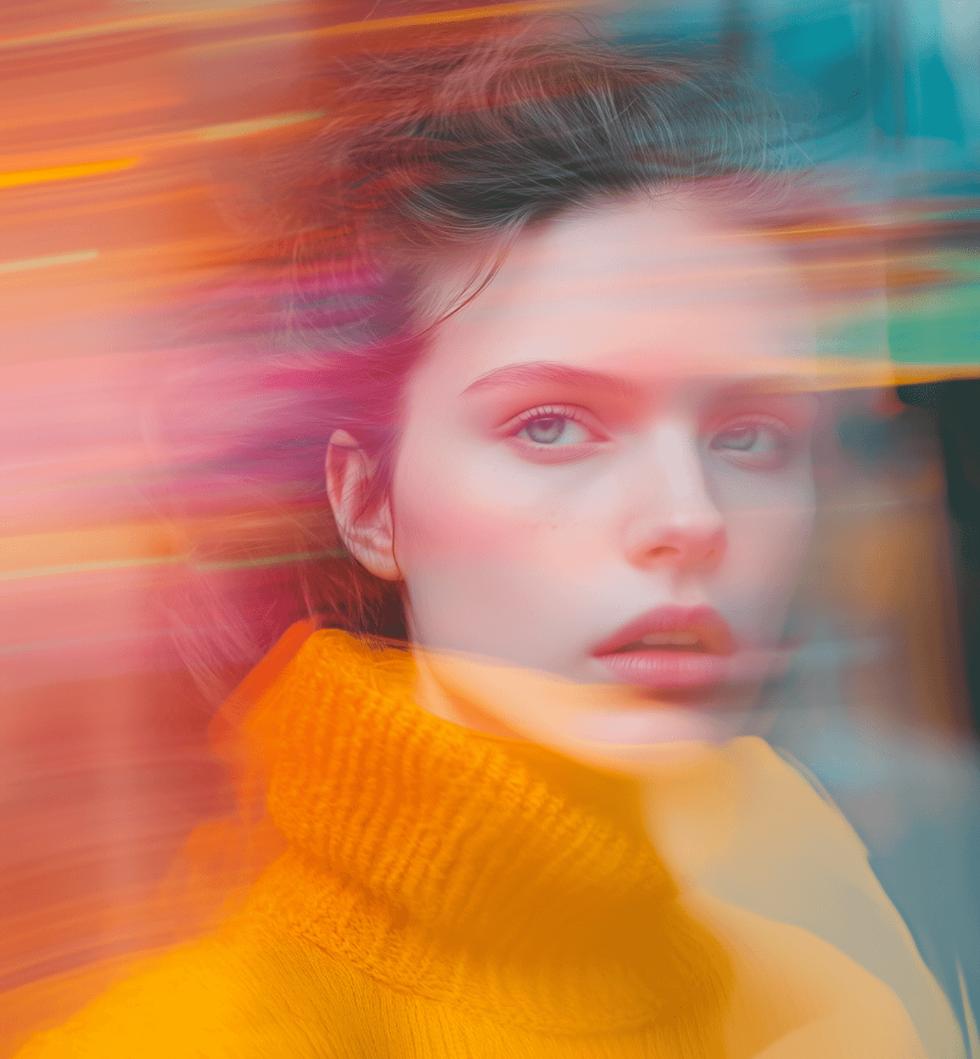 A woman in a yellow sweater is captured in motion, creating a blurred effect around her.