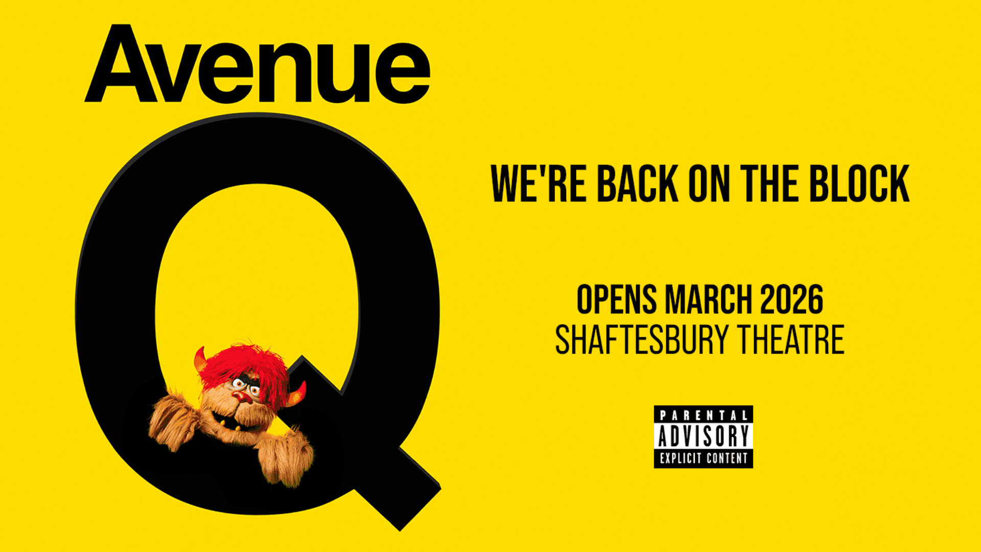Avenue Q-logotyp med en dockkaraktär som kikar fram genom bokstaven Q, som marknadsför föreställningen på West End.
