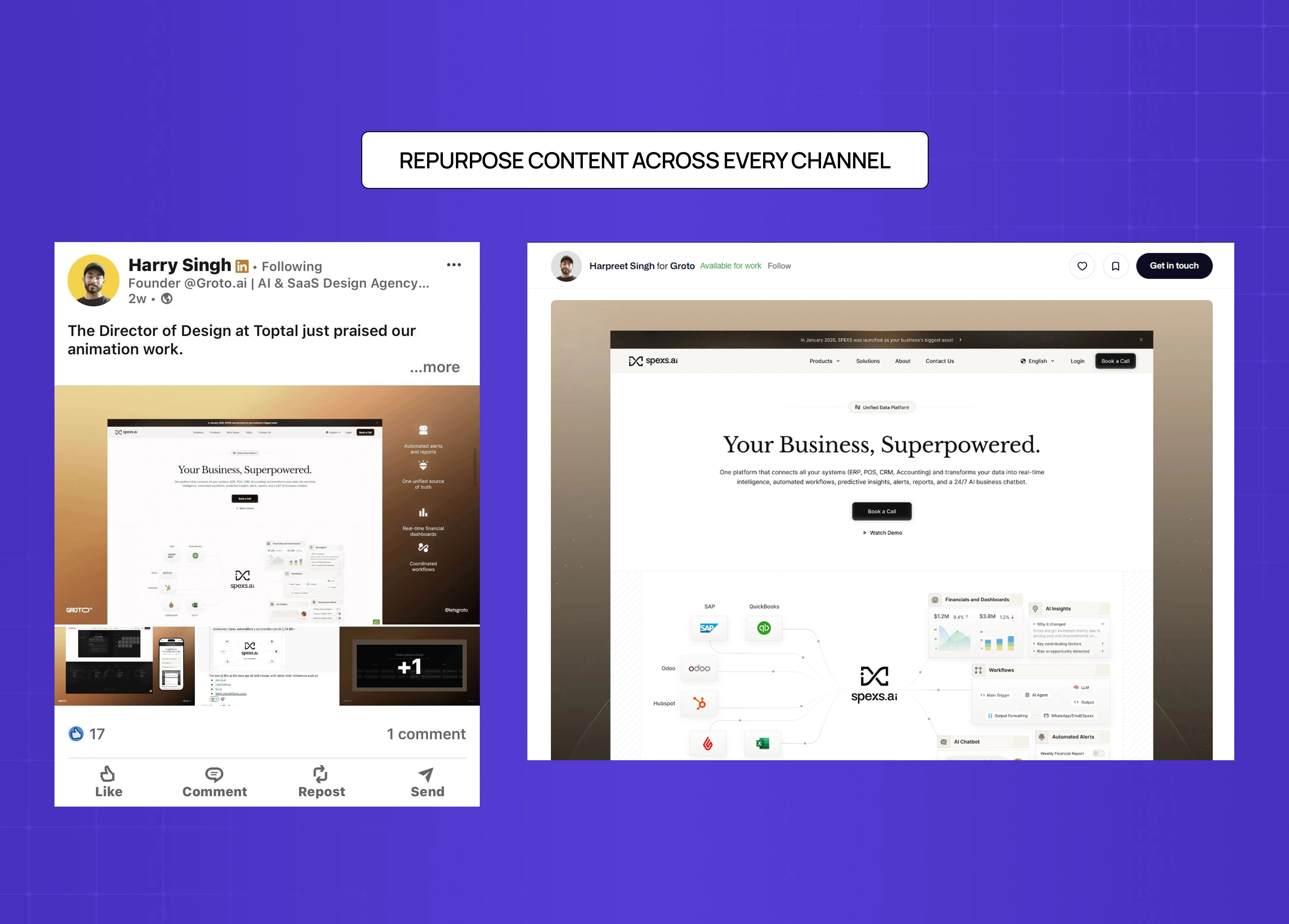 Example of repurposing website and portfolio content into social media posts for broader content distribution.