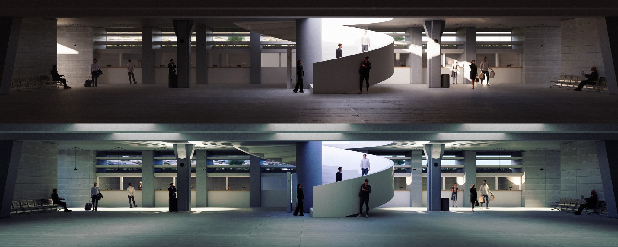 Early concept renders of day/night time metro station