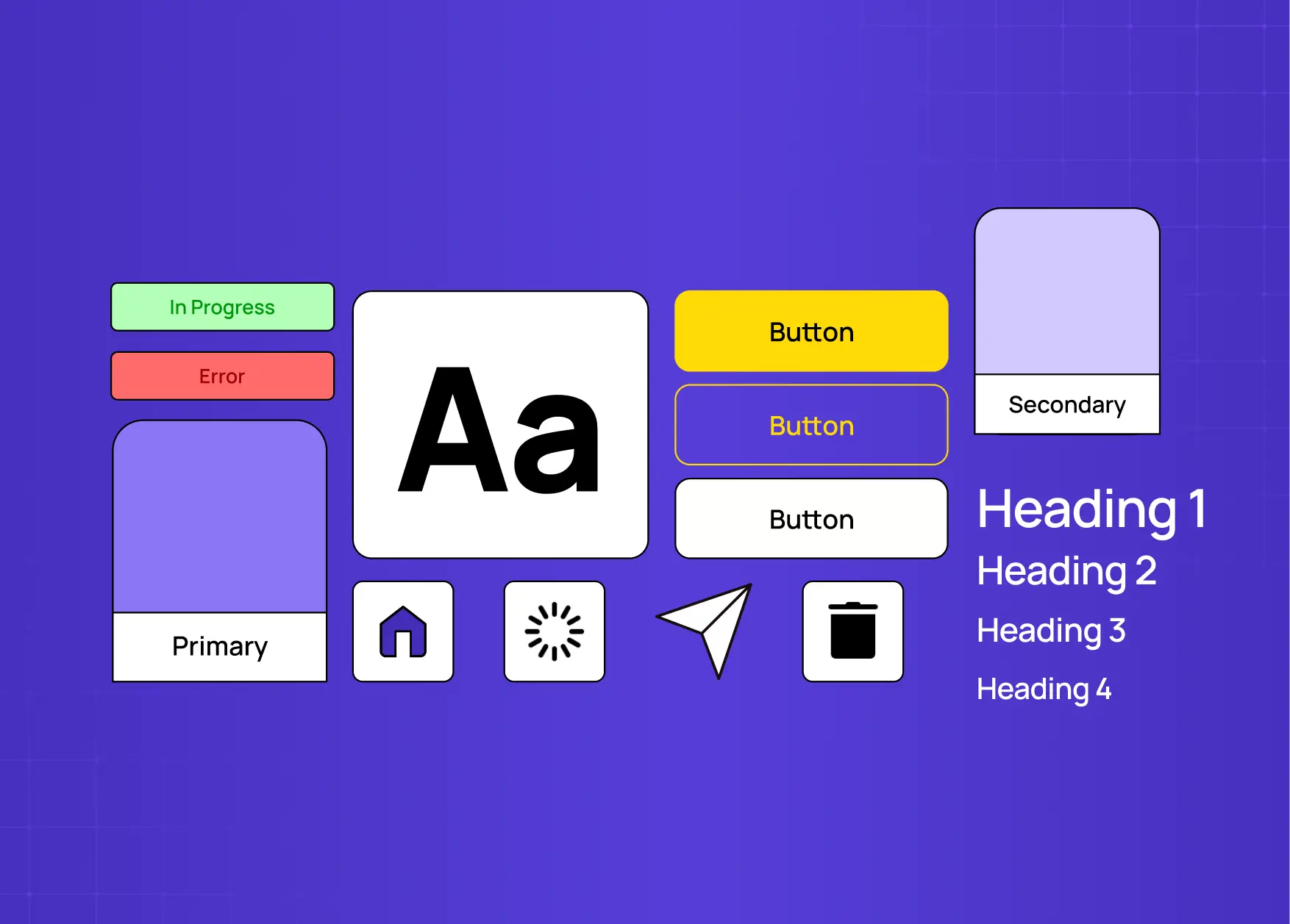 Purple-themed UI kit featuring buttons, typography, cards, icons, and design system elements.