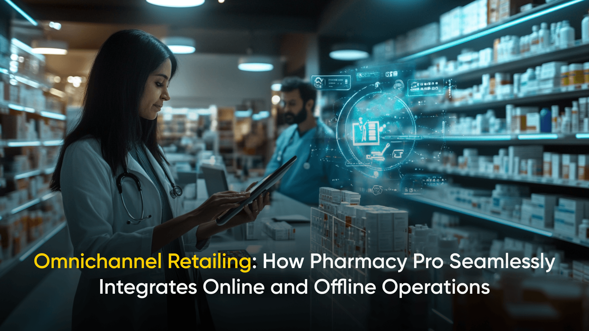 A female pharmacist in a high-tech pharmacy using a digital tablet, with futuristic holographic displays illustrating the integration of online and offline pharmacy operations through omnichannel retailing."