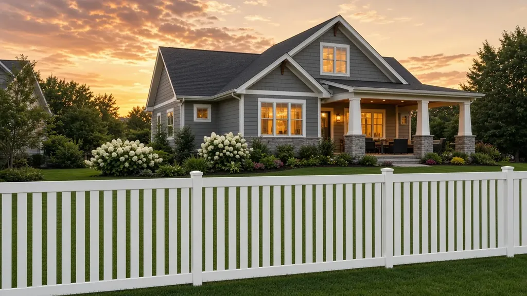 White vinyl semi-private fence with narrow board gaps in front of a craftsman home at sunset