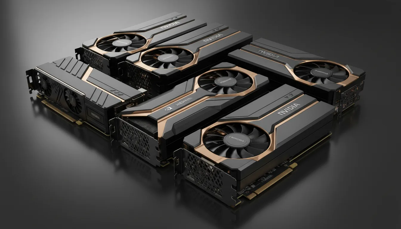 High-angle studio product photography of several NVIDIA professional workstation GPUs, artfully arranged on a dark, reflective surface. Cinematic contrast with soft studio lighting creates elegant highlights on the sleek black and gold hardware. The GPUs, varying in size, feature matte black metal casings, glossy surfaces, and textured bronze accents. DSLR shot, extremely sharp focus, capturing the intricate details of the blower-style fans and the subtle reflections on the dark floor.