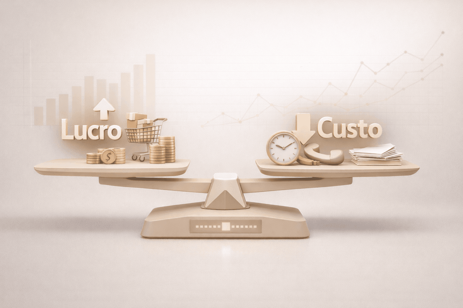 Balança comparativa em 3D representando análise de lucro e custo no contexto empresarial, com ícones de vendas, carrinho e crescimento de um lado e elementos de tempo, esforço operacional e despesas do outro, sobre fundo neutro com gráficos de desempenho financeiro.