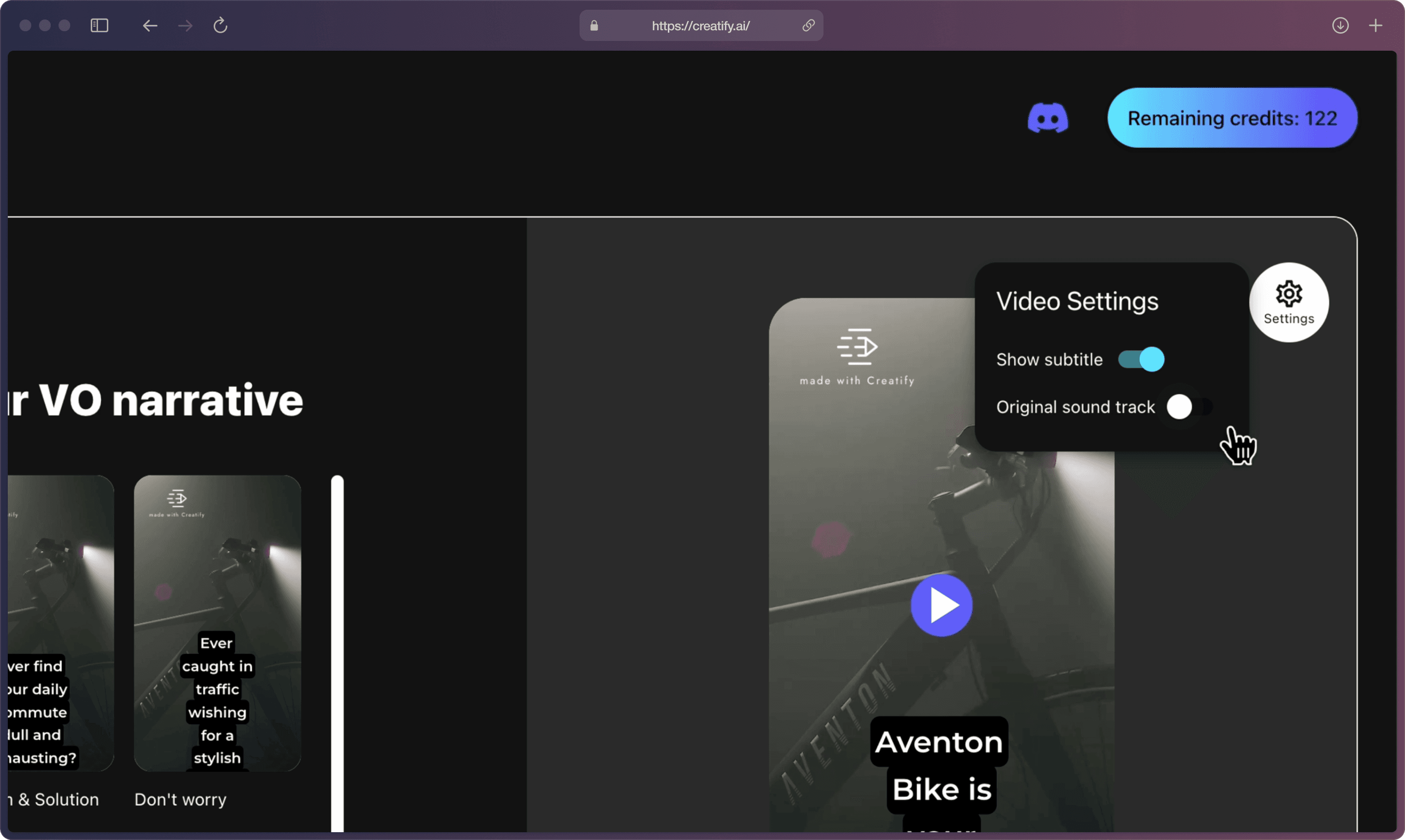 A screenshot of Creatify AI app on the “Choose a style” page showing several visual styles in brackets on the left, and a “Settings” button on the right with “Show subtitle” and “Original sound track” toggles.