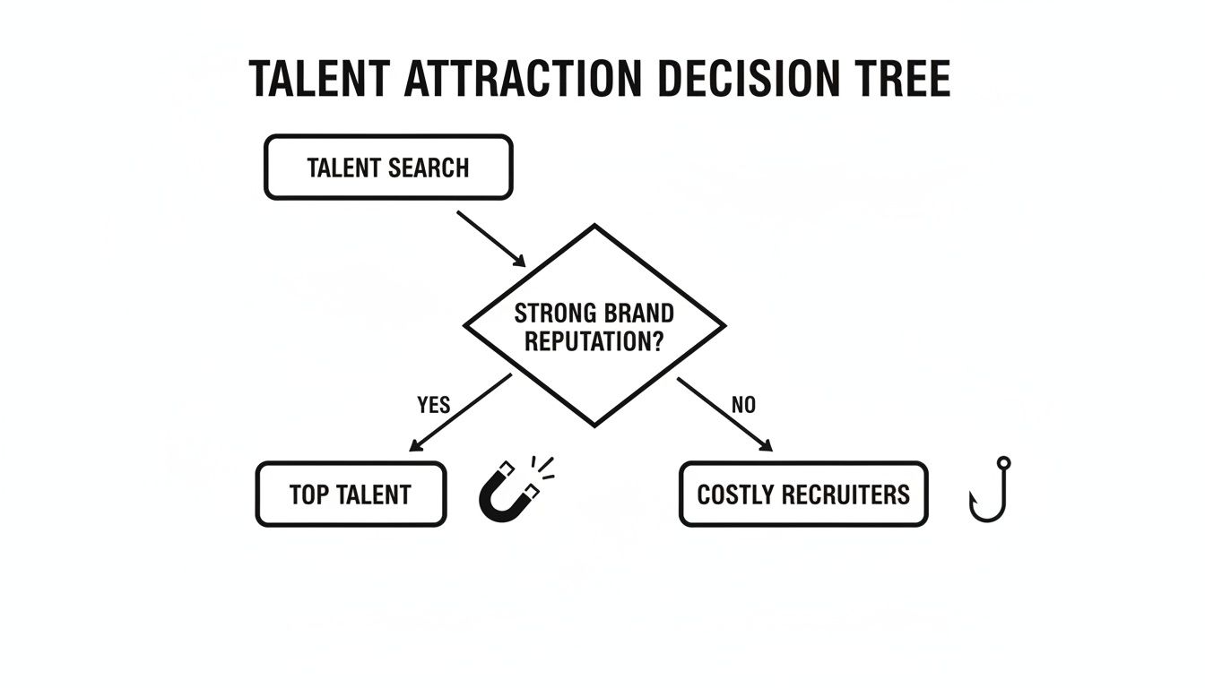 A talent attraction decision tree flowchart, showing how a strong brand reputation attracts top talent.