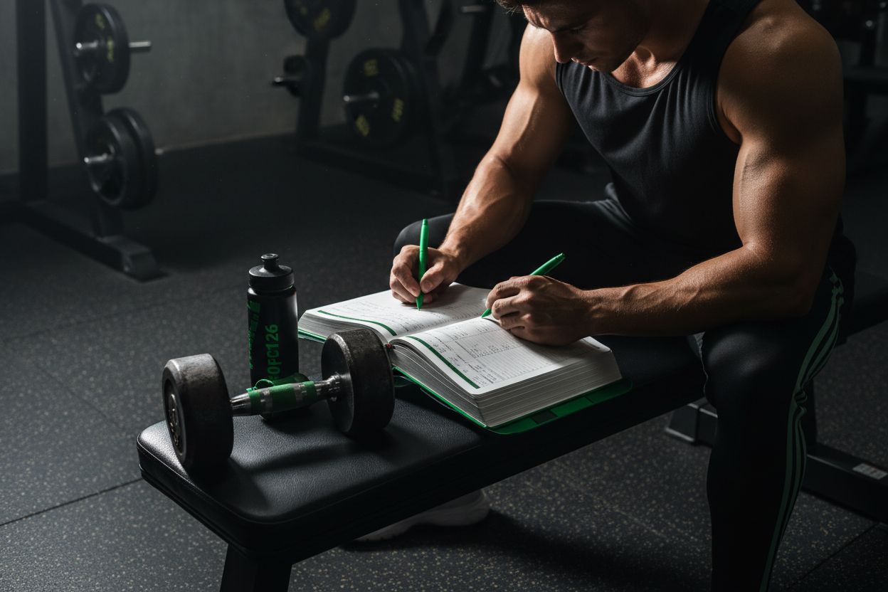A person writing workout details in a notebook