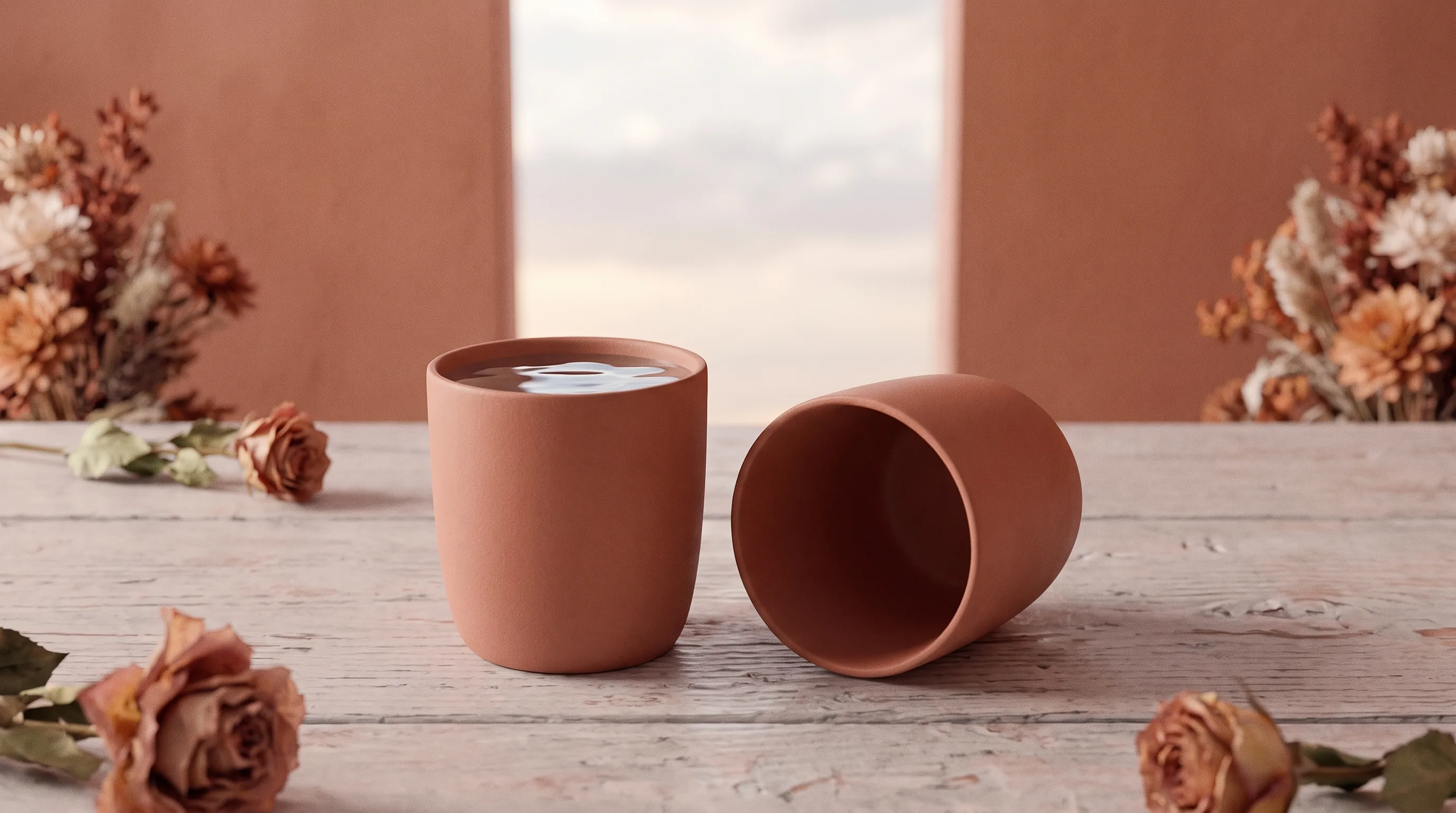 Two ceramic cups on a table, one upright and full and the other tipped on its side and empty