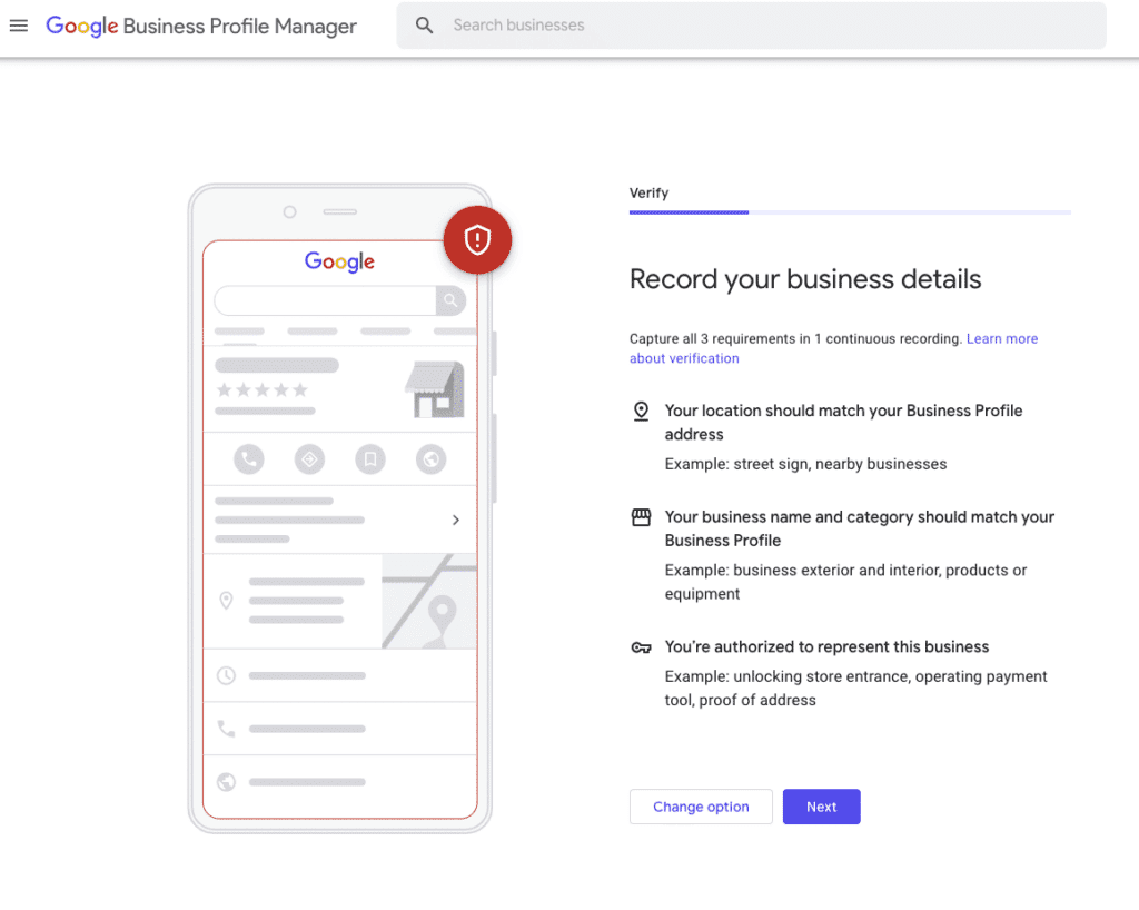 The video verification requirements page for a Google Business Profile, showing the need to record the business location, name, and proof of authorization