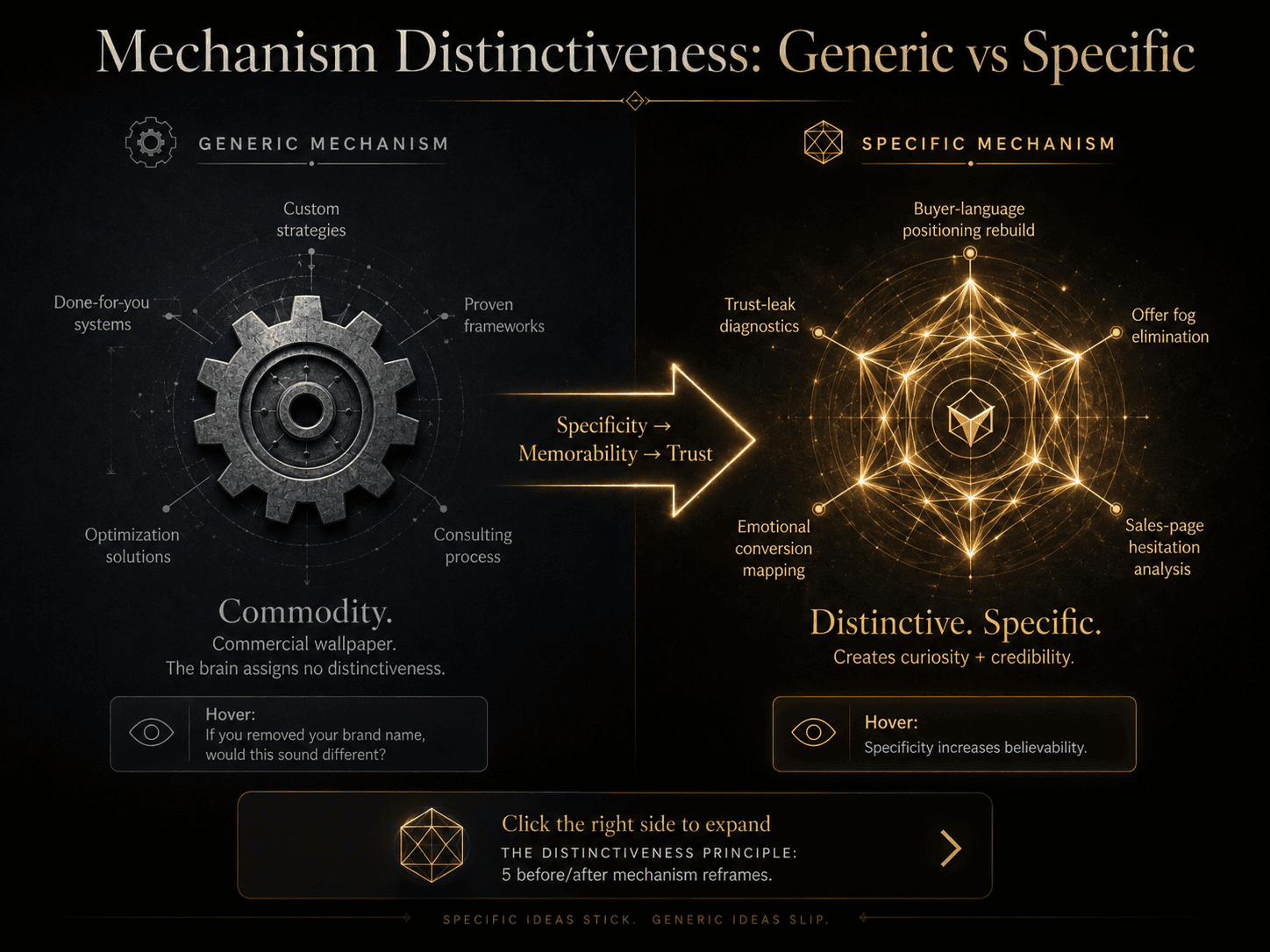 “Mechanism Distinctiveness: Generic vs Specific” Concept: A split-screen comparison showing two versions of the same mechanism.  Left side (Generic Mechanism — Weak): A mechanical gear that looks identical to thousands of other gears. Labels: “Custom strategies,” “Done-for-you systems,” “Proven frameworks,” “Optimization solutions,” “Consulting process.” The gear is desaturated grey, interchangeable, forgettable. Label: “Commodity. Commercial wallpaper. The brain assigns no distinctiveness.”  Right side (Specific Mechanism — Strong): A unique, recognizable mechanism with distinctive geometry. Labels: “Buyer-language positioning rebuild,” “Trust-leak diagnostics,” “Offer fog elimination,” “Emotional conversion mapping,” “Sales-page hesitation analysis.” The mechanism is glowing gold, sharp, memorable. Label: “Distinctive. Specific. Creates curiosity + credibility.”  A thin arrow points from left to right with the word: “Specificity → Memorability → Trust.”  Style: Dark charcoal background. Left side: desaturated grey, generic gear shape. Right side: warm gold, unique geometric form, almost like a signature or proprietary symbol.  Interaction: Hovering the left side reveals: “If you removed your brand name, would this sound different?” Hovering the right side reveals: “Specificity increases believability.” Clicking the right side expands the Distinctiveness Principle with 5 before/after mechanism reframes.