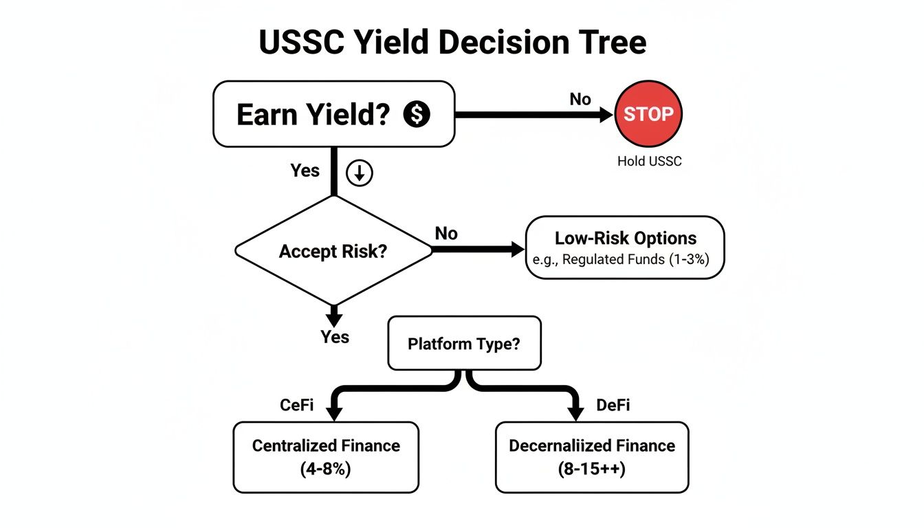 A decision tree illustrating choices for earning yield on USSC, considering risk tolerance and platform type.