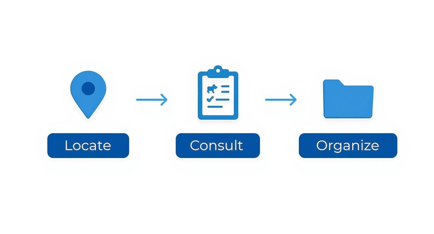 Infographic showing the process of locating a vet, consulting with them, and organizing documents.