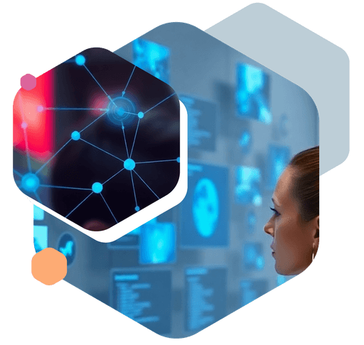 A person examines a digital display featuring interconnected network diagrams and data panels, highlighting concepts of technology and innovation.