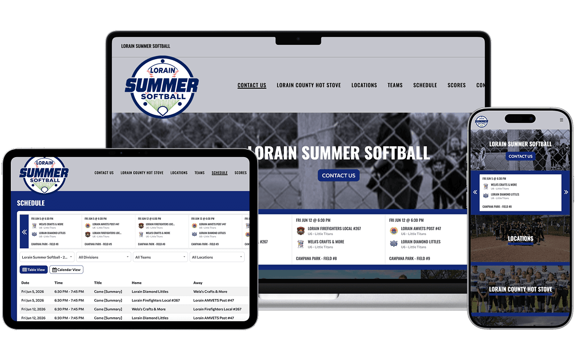 Lorain Summer Softball Website in Desktop, Mobile and Tablet size powered by TeamLinkt.