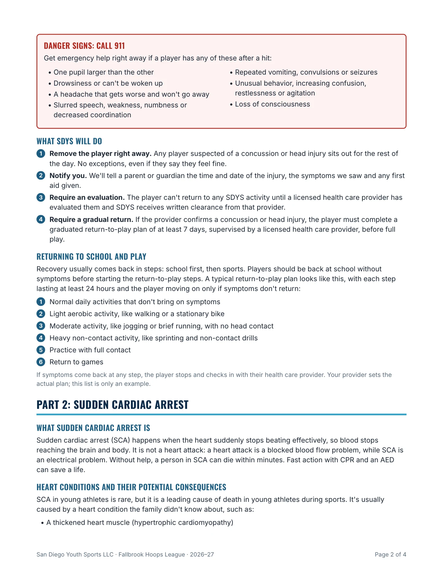 SDYS Concussion & Sudden Cardiac Arrest Information Sheet, page 2 of 4