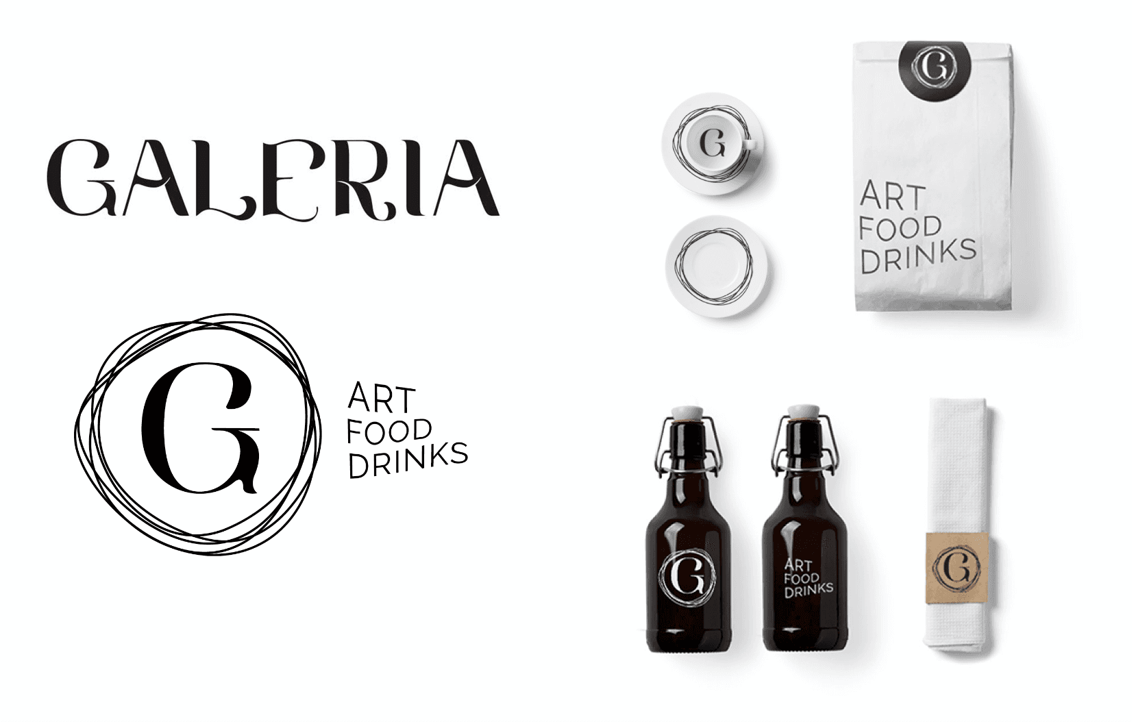 Sample of a logo put on bottles, towel wrapper, cups and bags.
