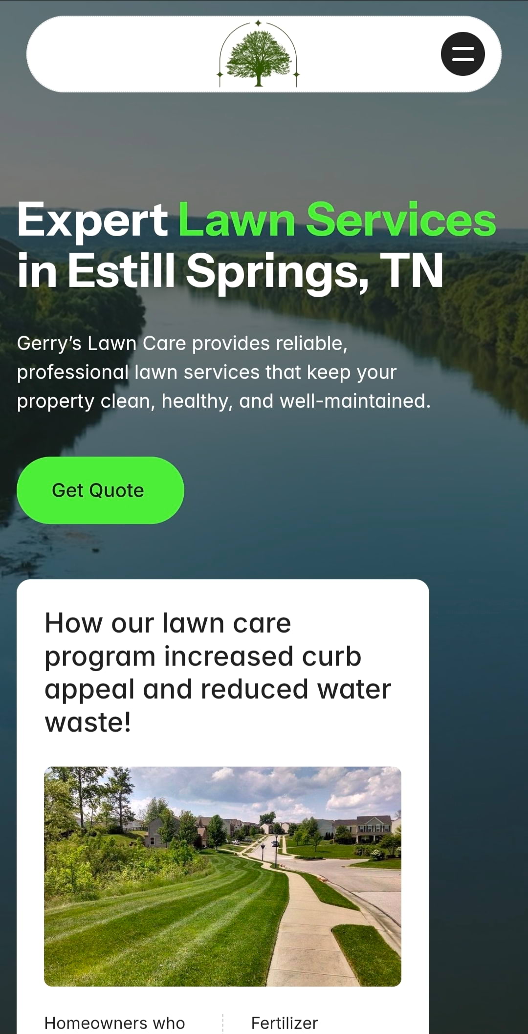 Mobile homepage mockup of Gerry’s Lawn Care website showing responsive design and lawn care services on smartphone