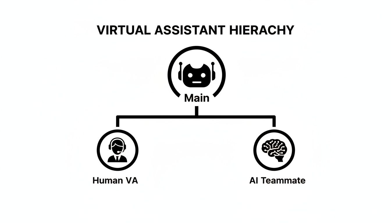 A diagram illustrating the virtual assistant hierarchy, with Main at the top branching into Human VA and AI Teammate.