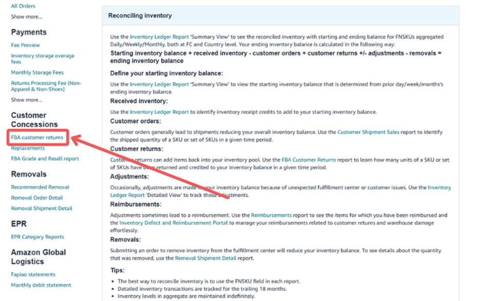 Access your FBA customer returns report in Seller Central