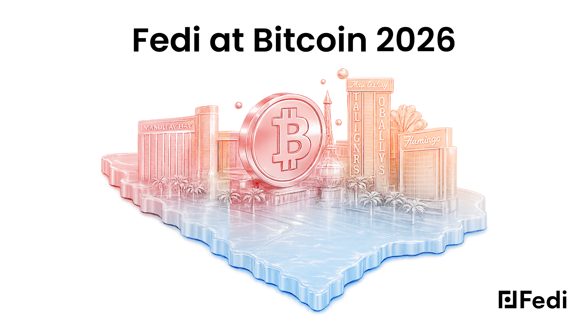 Fedi na Bitcoin 2026 — Uma ilustração em 3D do horizonte da Las Vegas Strip, com hotéis-cassino icônicos como o Mandalay Bay e o Flamingo, e uma grande moeda de Bitcoin no centro, exibida sobre uma plataforma isométrica com efeito de vidro. O logotipo da Fedi no canto inferior direito.