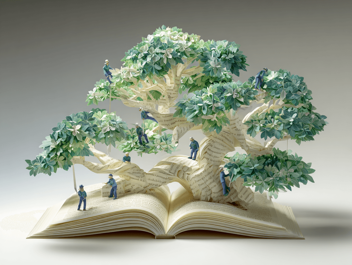  Libro aperto da cui emerge un grande albero pop-up fatto di carta, con foglie verdi e figure umane che lo esplorano, simbolo di apprendimento e crescita sistemica.