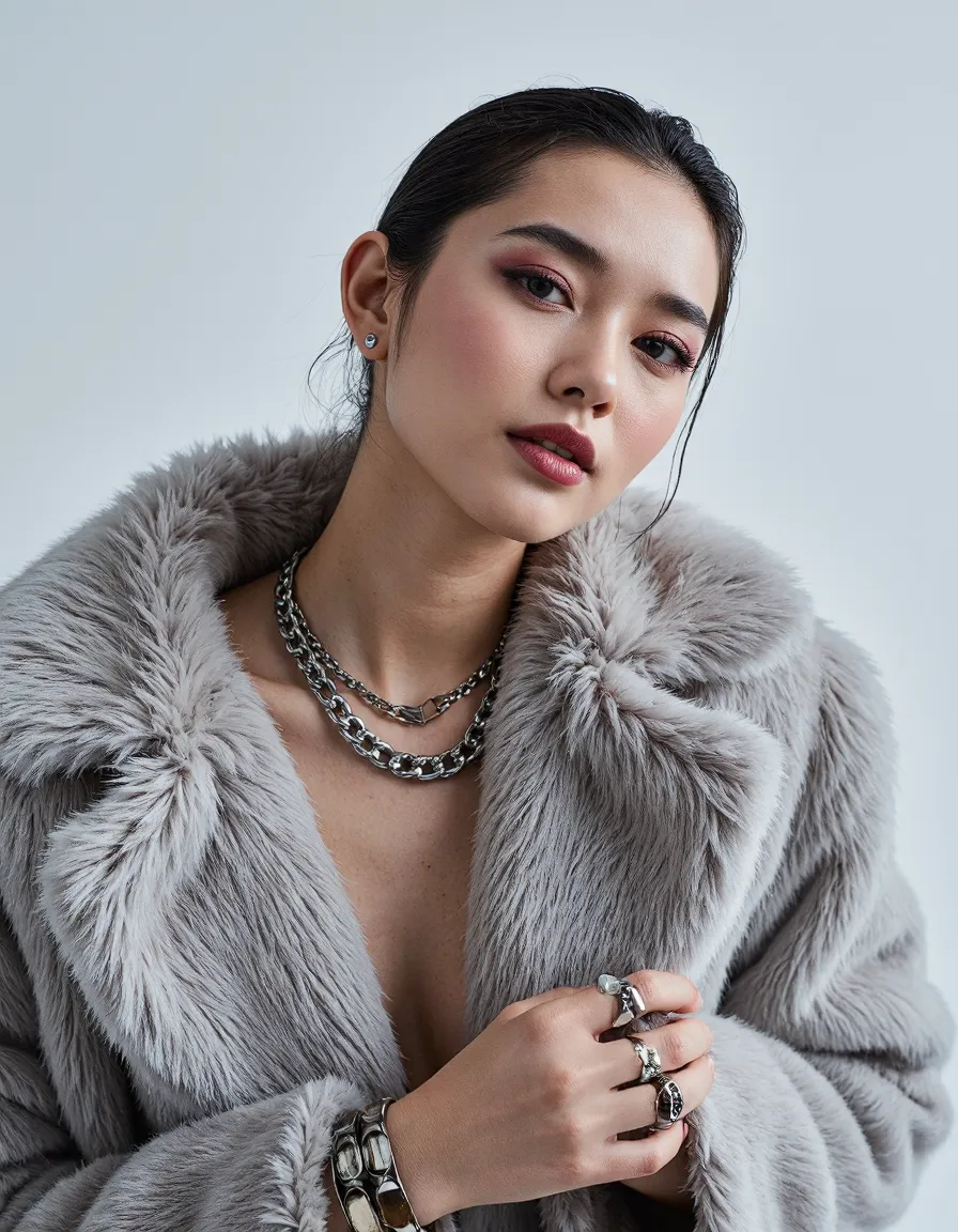 Woman in gray fur coat with silver chain necklace and rings against white studio background, high fashion portrait