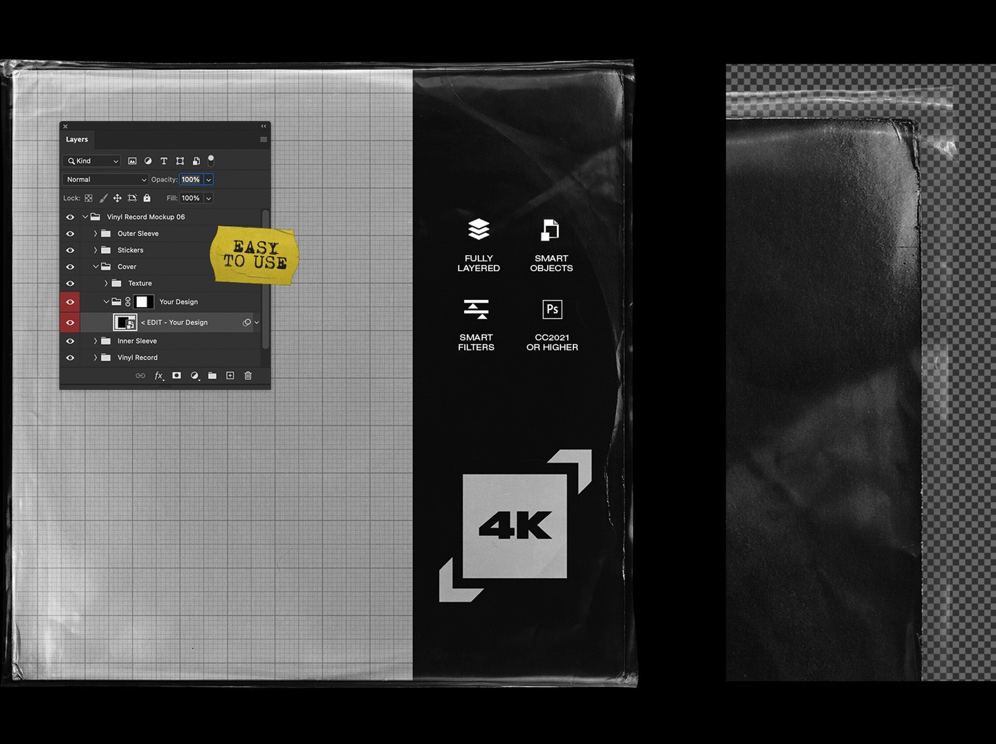 Vinyl record mockup close up showing plastic sleeve album cover texture detail