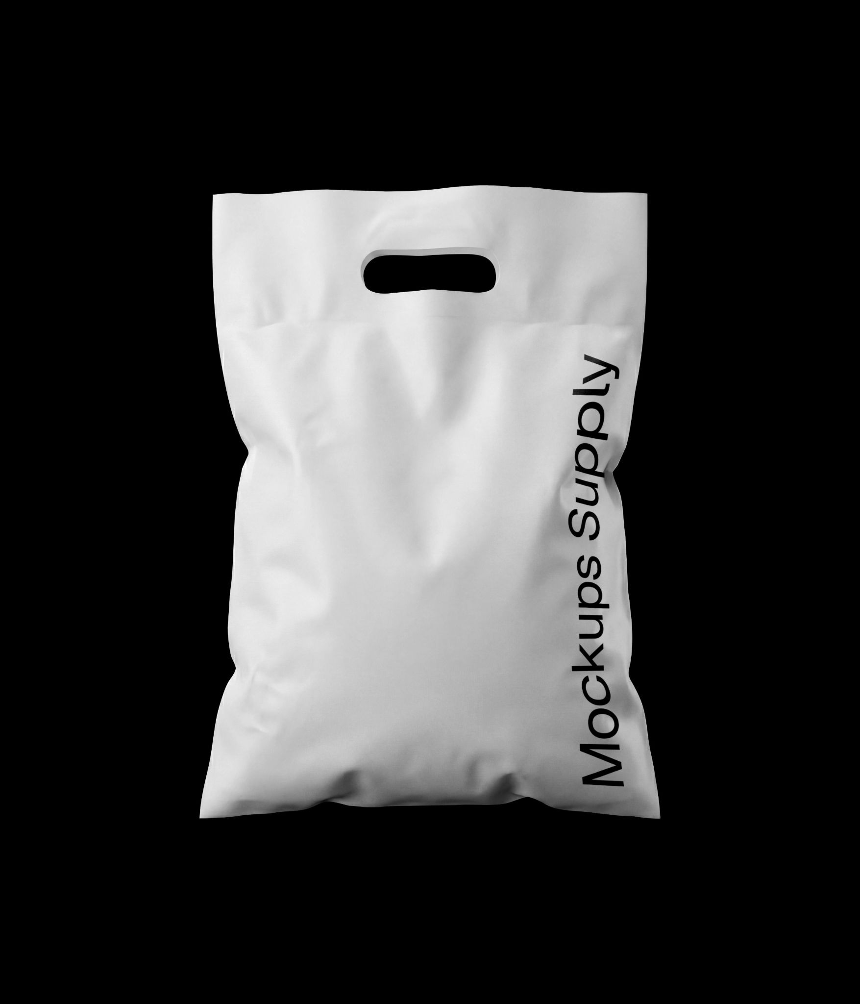 White plastic bag mockup with die cut handle and customizable branding download on Mockups Supply
