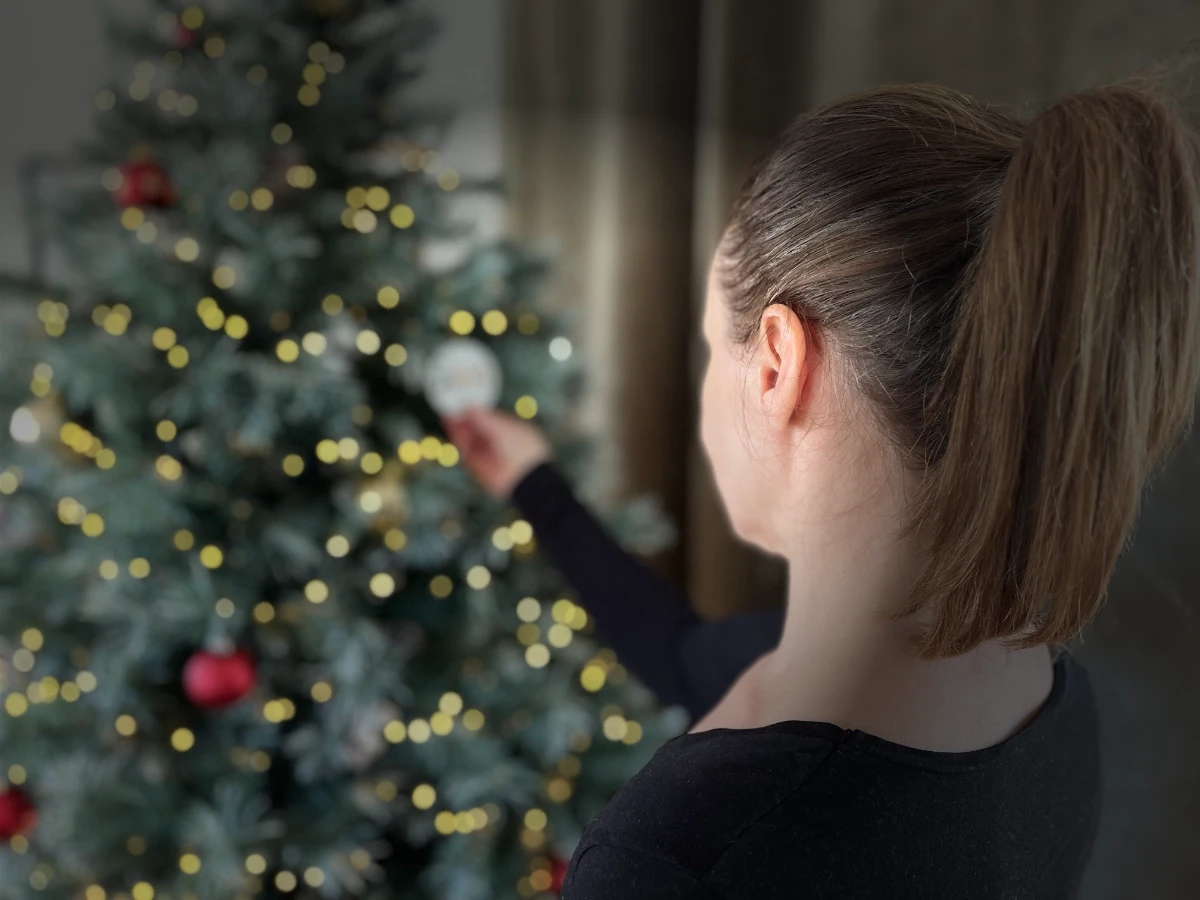 A moss-covered tree trunk in a forest, with heart-shaped stones resting nearby on the forest floor.