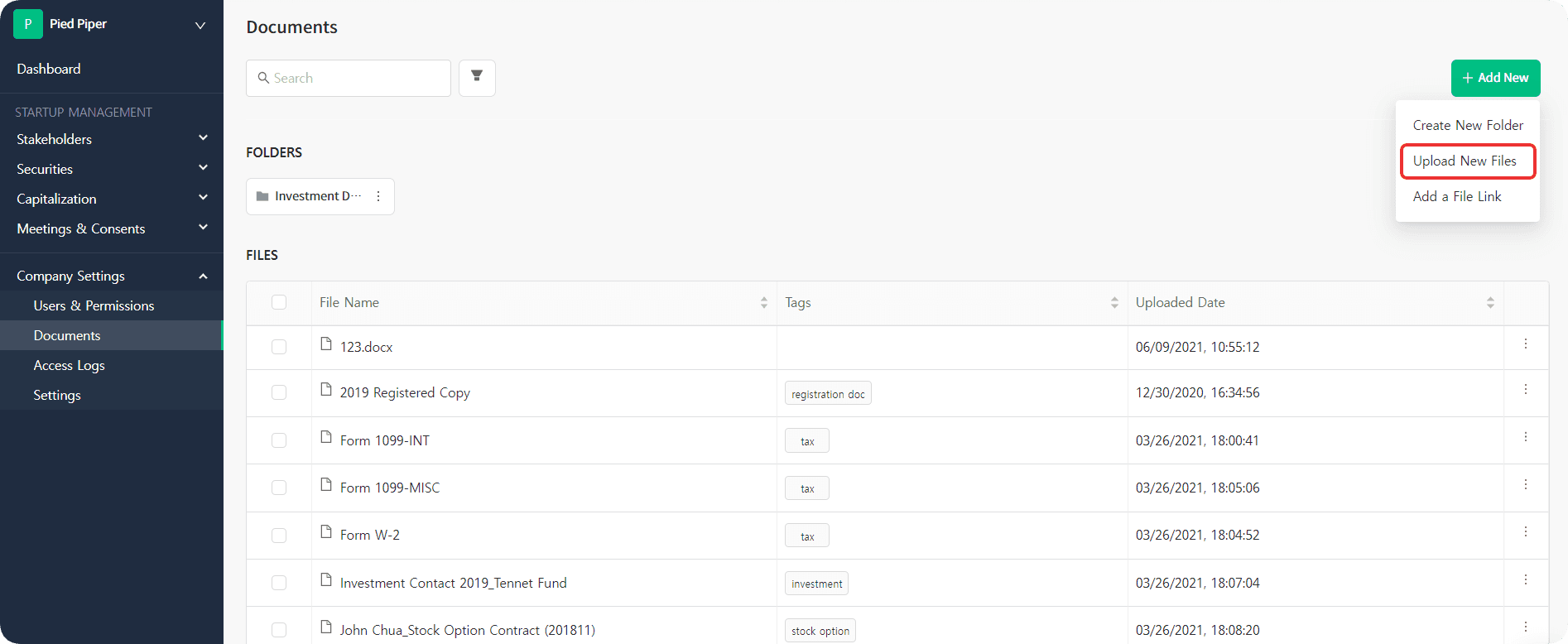 upload new files to upload documents
