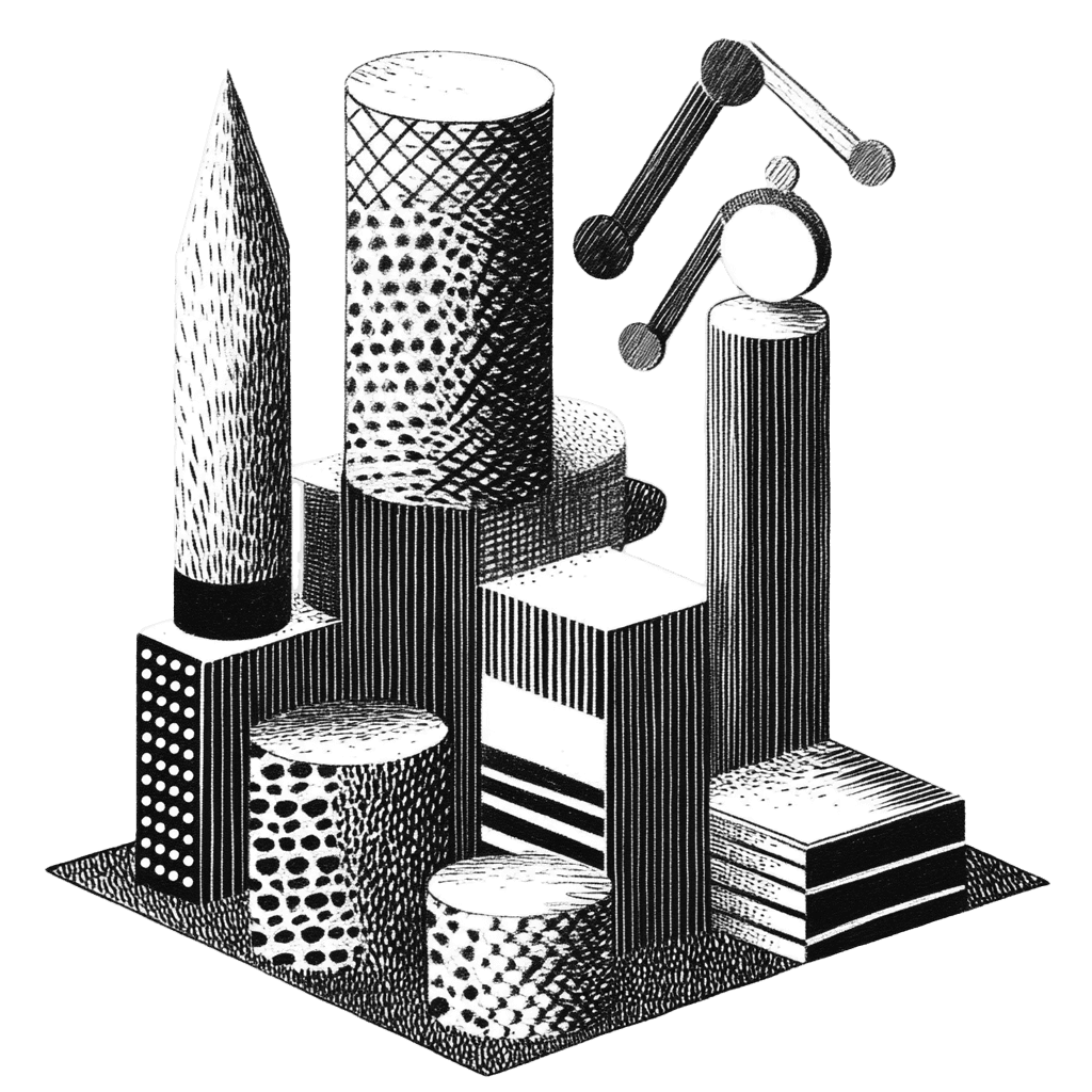 Composition géométrique en noir et blanc, signifiant un graph, des mesures, avec des formes cylindriques et cubiques, textures variées.