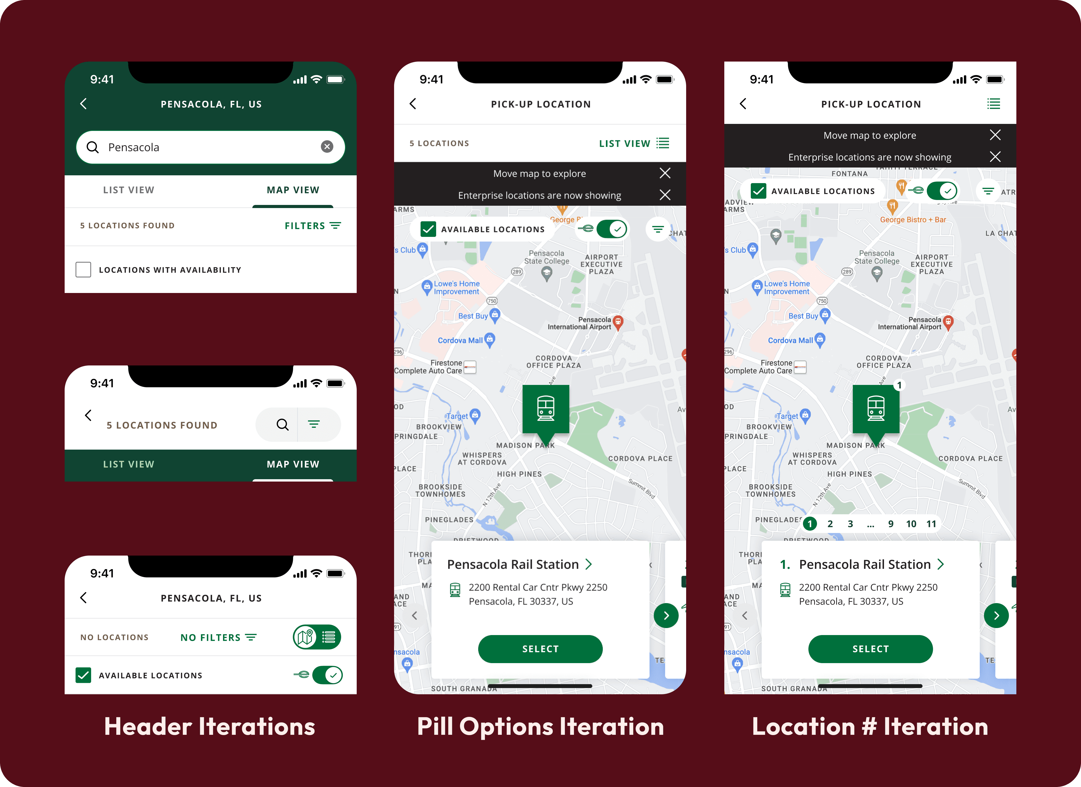 Map View header iterations. There are iterations showing alternatives to the list / map tab and other available options such as showing available locations. Iterations include toggles, pills, buttons and checkmarks