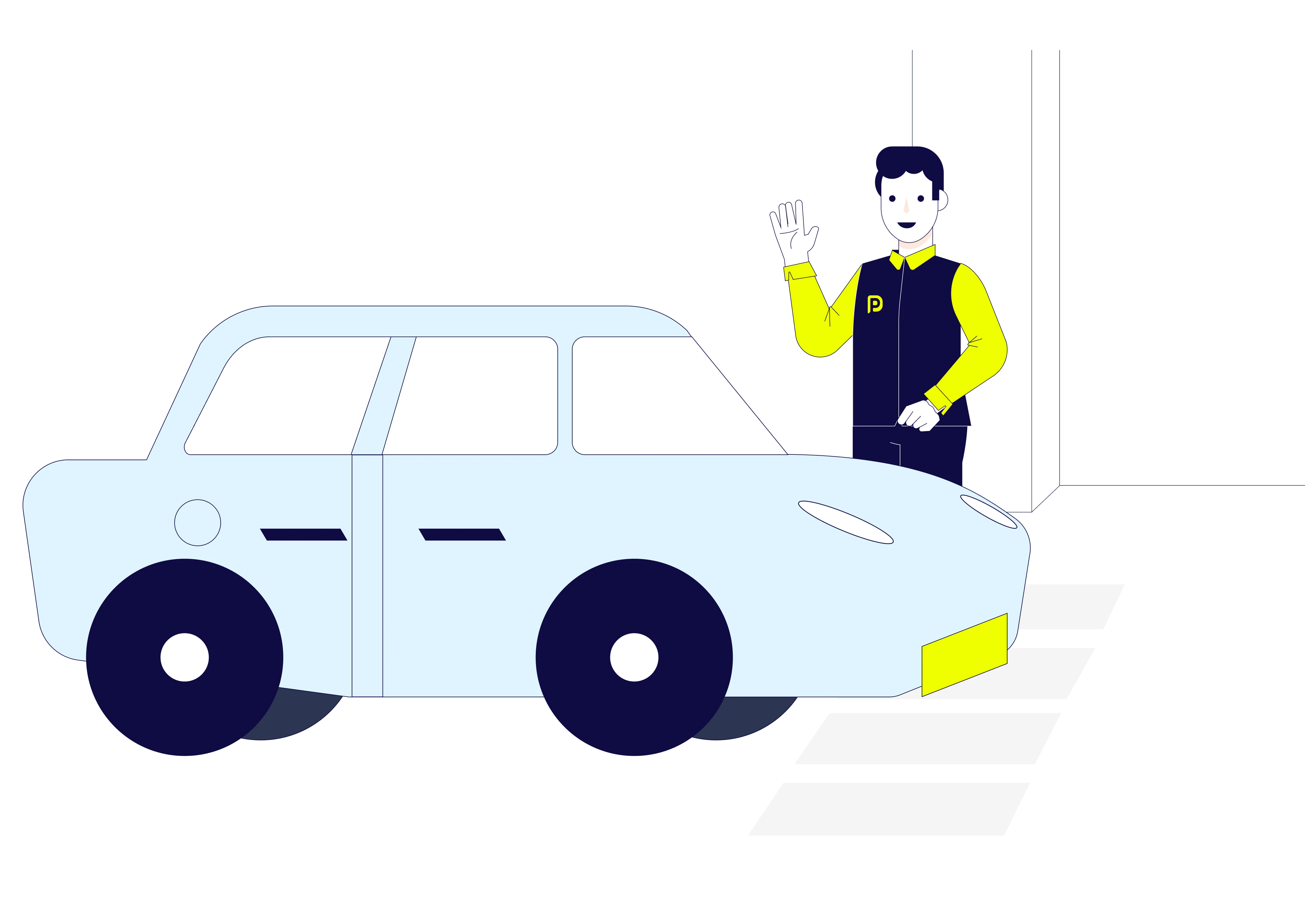 Operario de Zona P recibiendo un vehículo, ilustración de gestión de parqueaderos en Medellín para San Vicente Fundación.