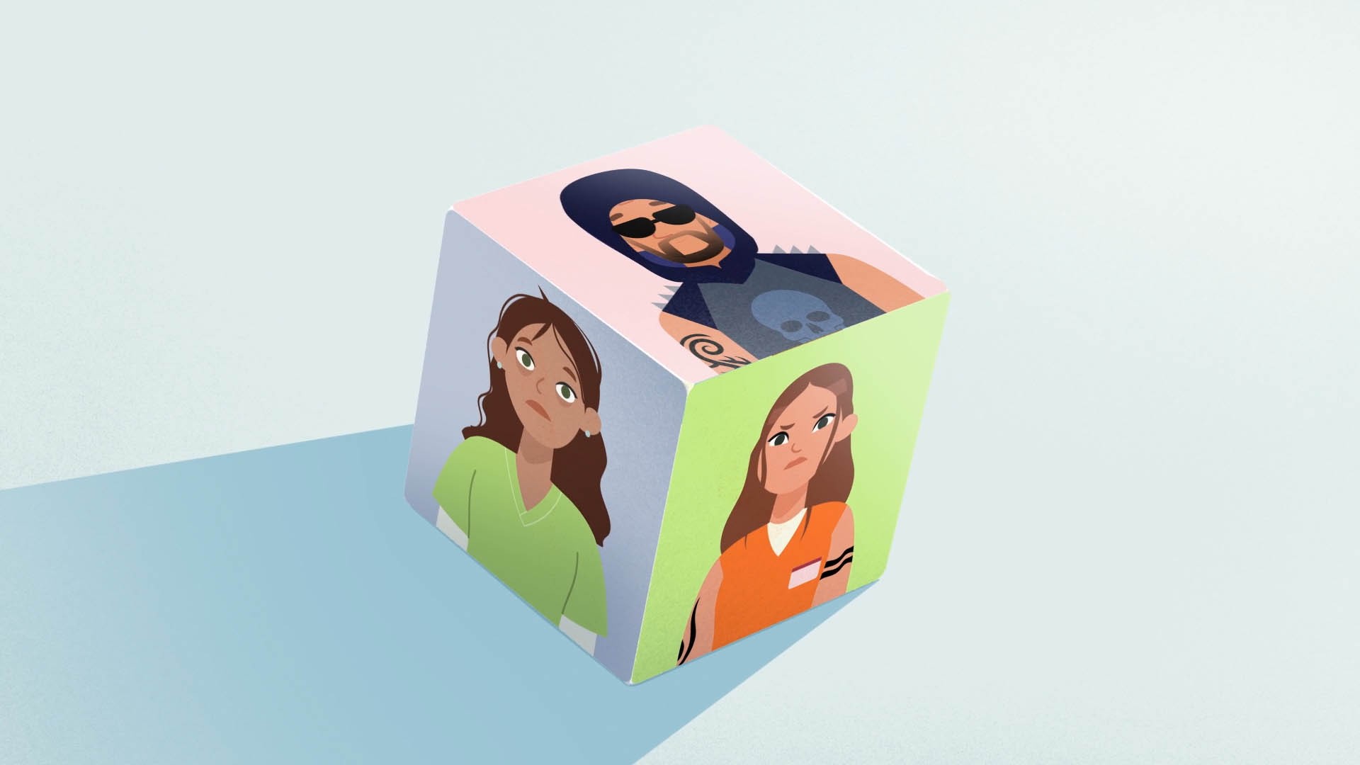 3D model of a colorful cube with illustrated faces on 3 visible sides